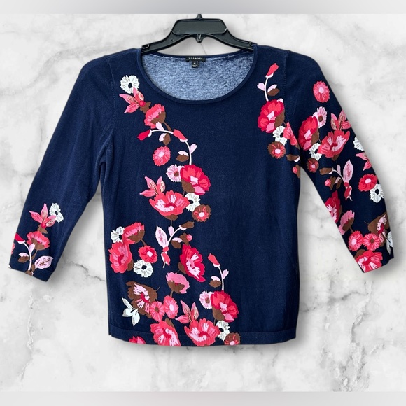 Talbots Floral Crewneck Sweater India Ink Navy Pink Lightweight 3/4 Sleeves Sz M - Picture 2 of 11